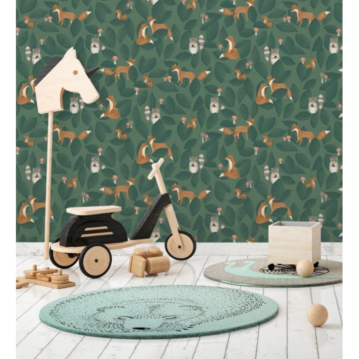 Papel pintado de hojas infantil con zorros y mapaches - Tod Family 128432