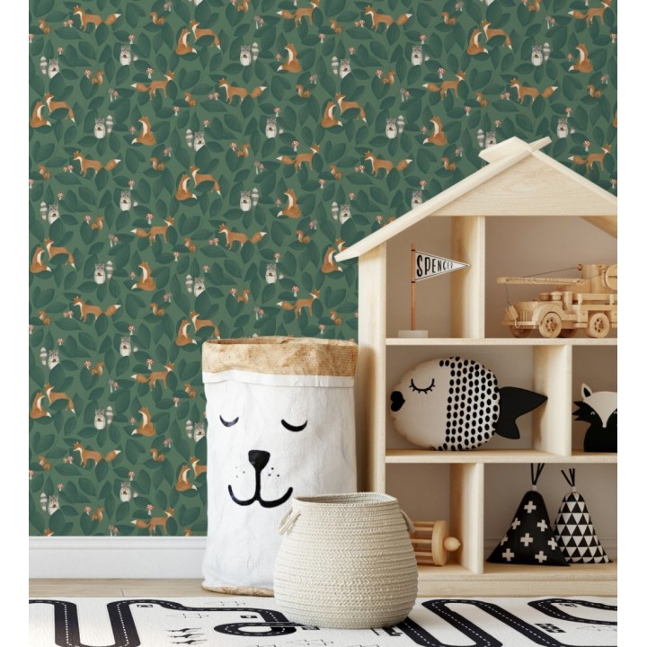 Papel pintado de hojas infantil con zorros y mapaches - Tod Family 128432