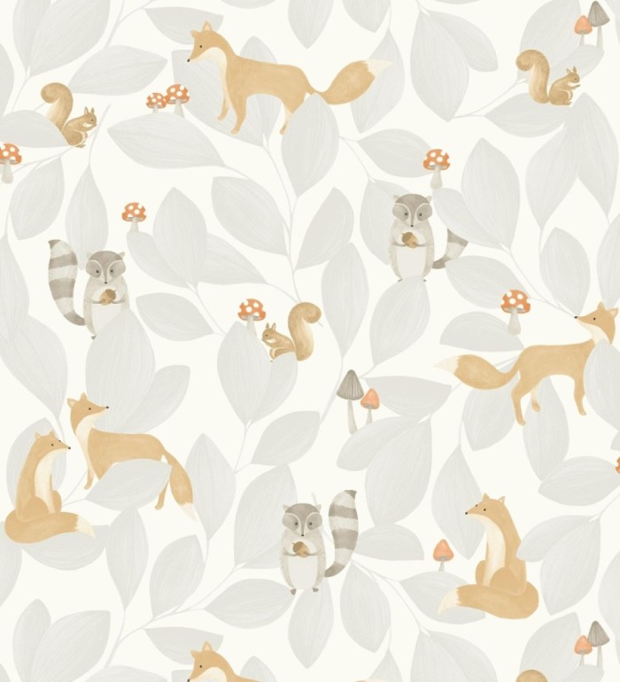 Papel pintado de hojas infantil con zorros y mapaches - Tod Family 128433