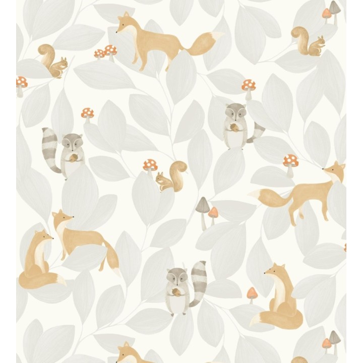 Papel pintado de hojas infantil con zorros y mapaches - Tod Family 128433