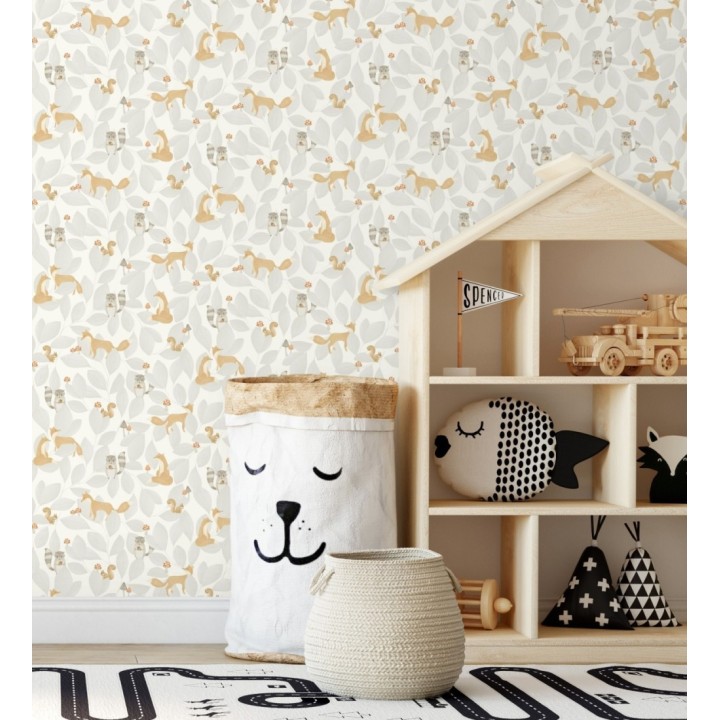 Papel pintado de hojas infantil con zorros y mapaches - Tod Family 128433