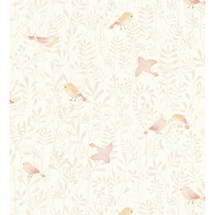 Papel pintado infantil de pájaros y hojas salmón - Litzy Birds 128437