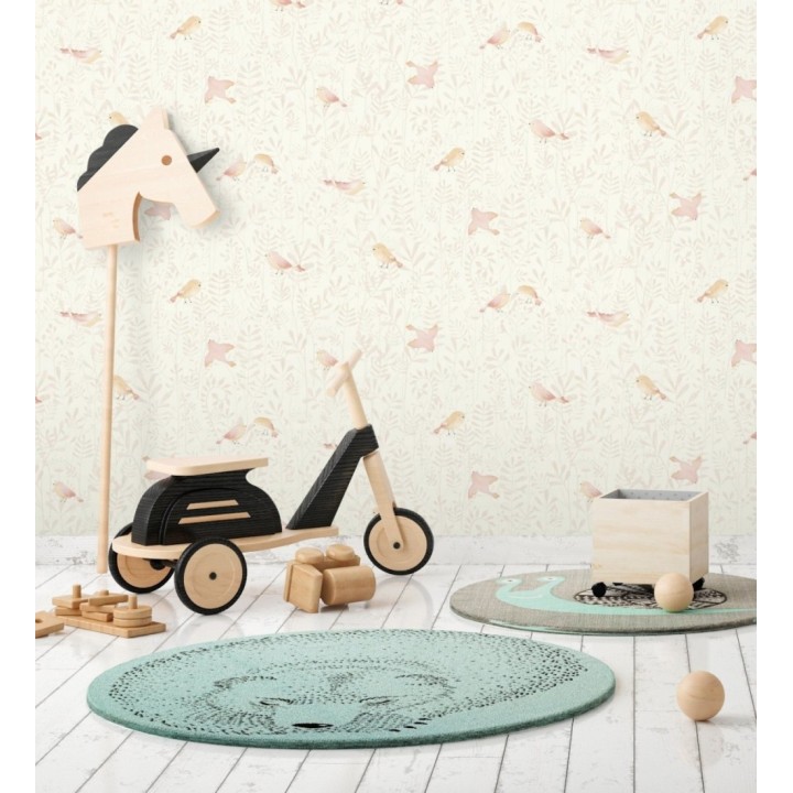 Papel pintado infantil de pájaros y hojas salmón - Litzy Birds 128437