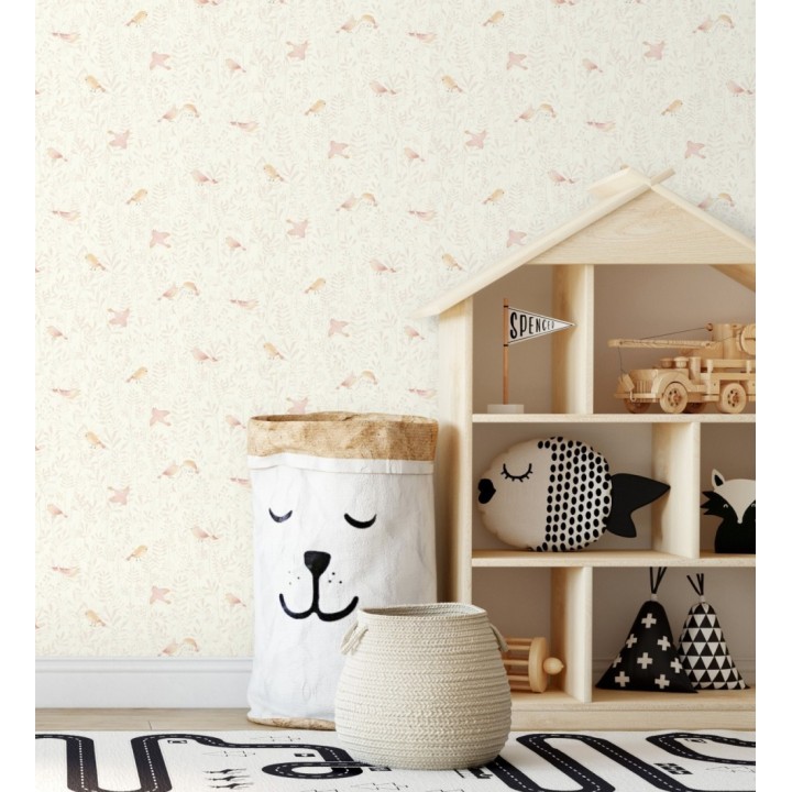 Papel pintado infantil de pájaros y hojas salmón - Litzy Birds 128437