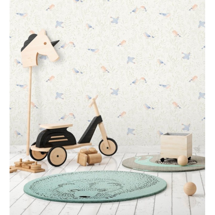 Papel pintado infantil de pájaros y hojas beige - Litzy Birds 128438