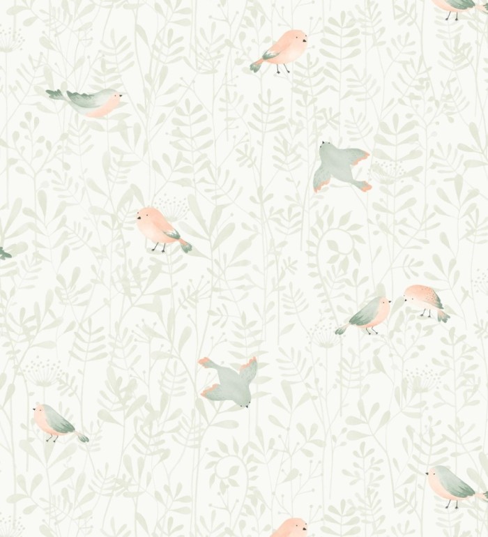 Papel pintado infantil de pájaros y hojas verde - Litzy Birds 128439