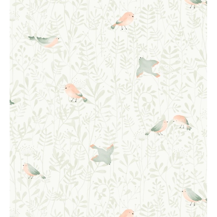 Papel pintado infantil de pájaros y hojas verde - Litzy Birds 128439