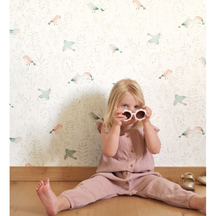 Papel pintado infantil de pájaros y hojas verde - Litzy Birds 128439