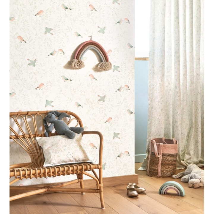 Papel pintado infantil de pájaros y hojas verde - Litzy Birds 128439