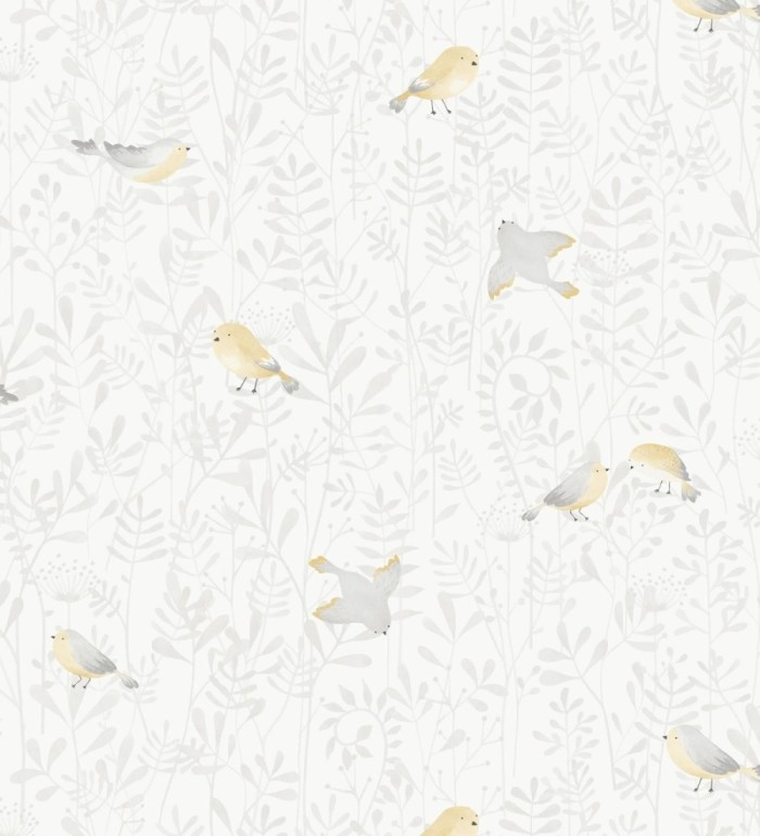 Papel pintado infantil de pájaros y hojas grises - Litzy Birds 128440