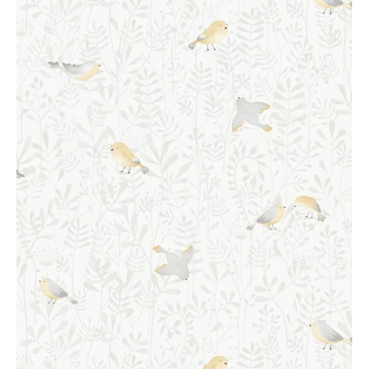 Papel pintado infantil de pájaros y hojas grises - Litzy Birds 128440