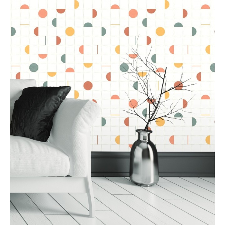 Papel pintado geométrico de círculos y cuadros estilo retro - Wikins 128457