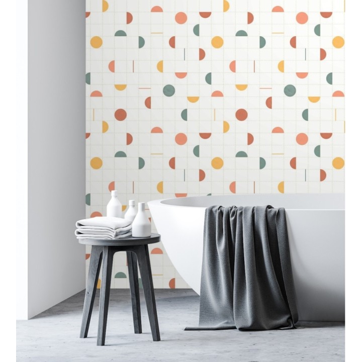 Papel pintado geométrico de círculos y cuadros estilo retro - Wikins 128457