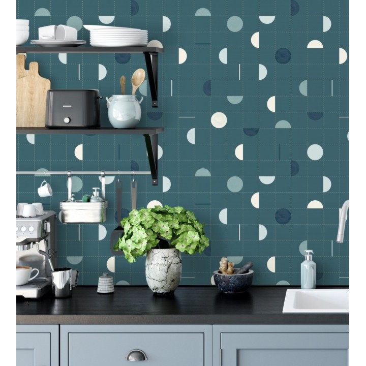 Papel pintado geométrico de círculos y cuadros estilo retro - Wikins 128458