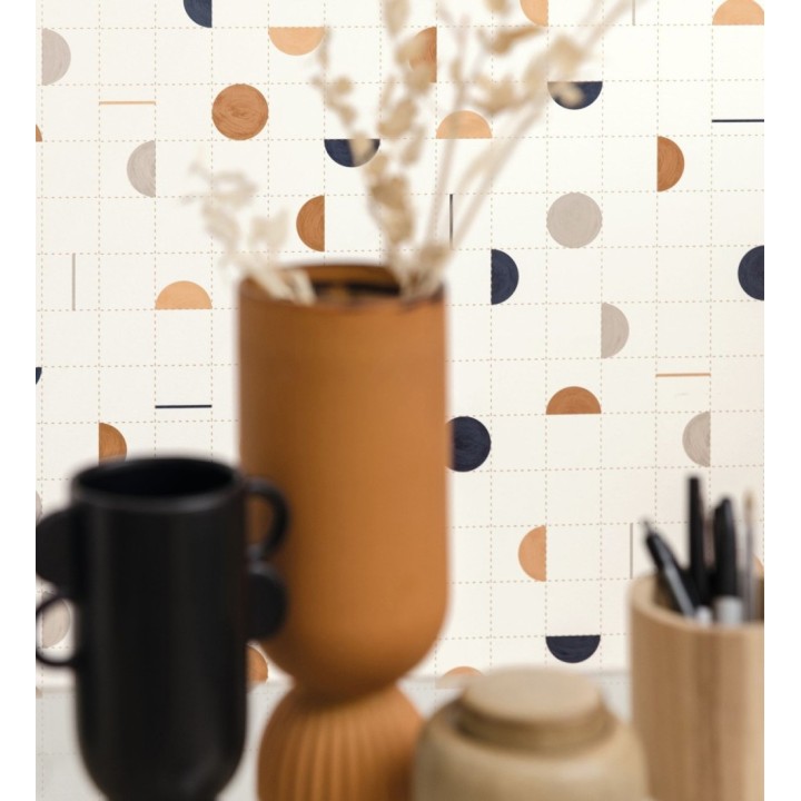 Papel pintado geométrico de círculos y cuadros estilo retro - Wikins 128459