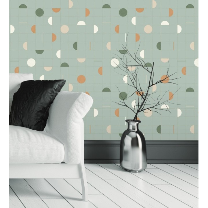 Papel pintado geométrico de círculos y cuadros estilo retro - Wikins 128460