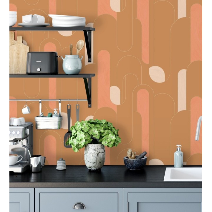 Papel pintado figuras geométricas estilo retro tonos camel y ocre - Alfie 128462