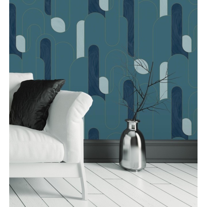 Papel pintado figuras geométricas estilo retro tonos azul y turquesa - Alfie 128463