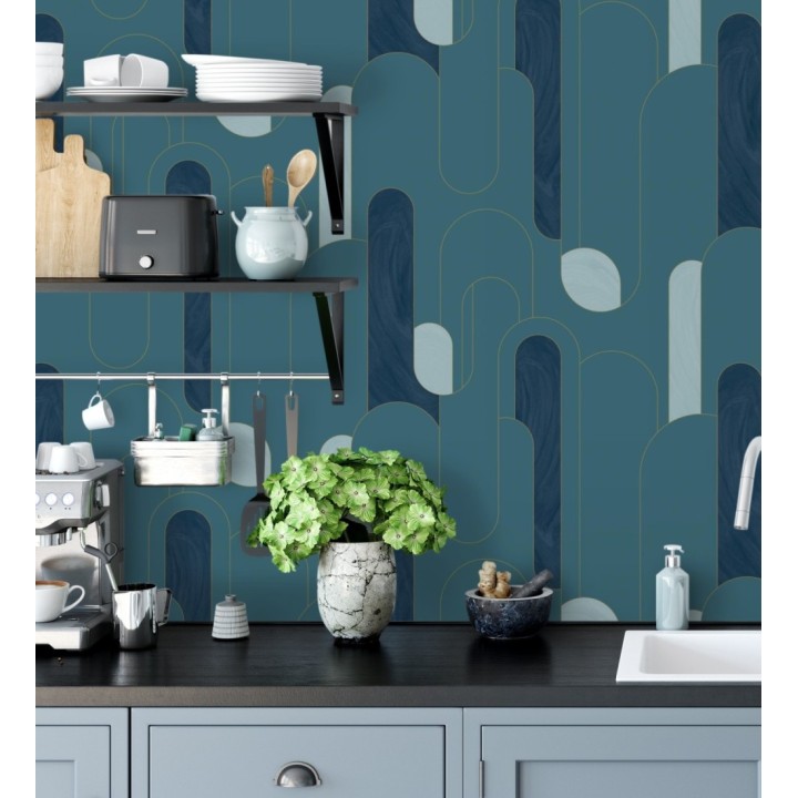 Papel pintado figuras geométricas estilo retro tonos azul y turquesa - Alfie 128463