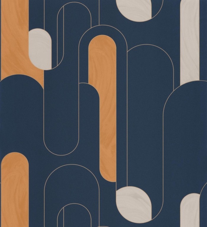 Papel pintado figuras geométricas estilo retro tonos ámbar y azul marino - Alfie 128464