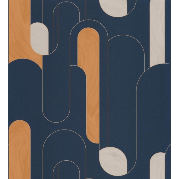 Papel pintado figuras geométricas estilo retro tonos ámbar y azul marino - Alfie 128464