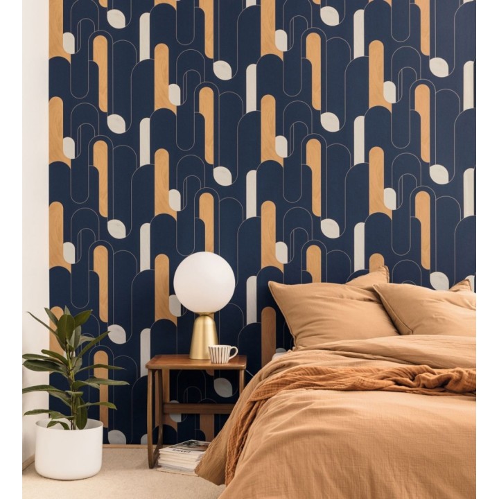 Papel pintado figuras geométricas estilo retro tonos ámbar y azul marino - Alfie 128464