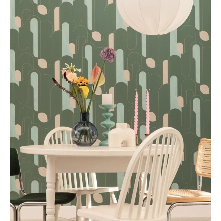 Papel pintado figuras geométricas estilo retro tonos verde y beige - Alfie 128465