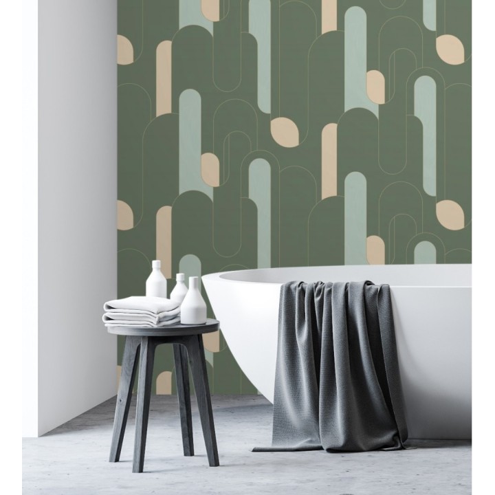 Papel pintado figuras geométricas estilo retro tonos verde y beige - Alfie 128465