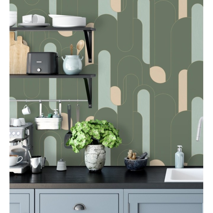Papel pintado figuras geométricas estilo retro tonos verde y beige - Alfie 128465