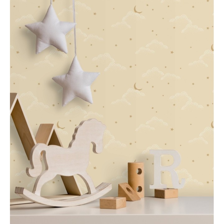 Papel pintado infantil de luna y estrellas fondo beige - Waning Moon 128491