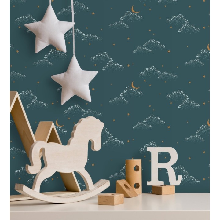 Papel pintado infantil de luna y estrellas fondo azul - Waning Moon 128492