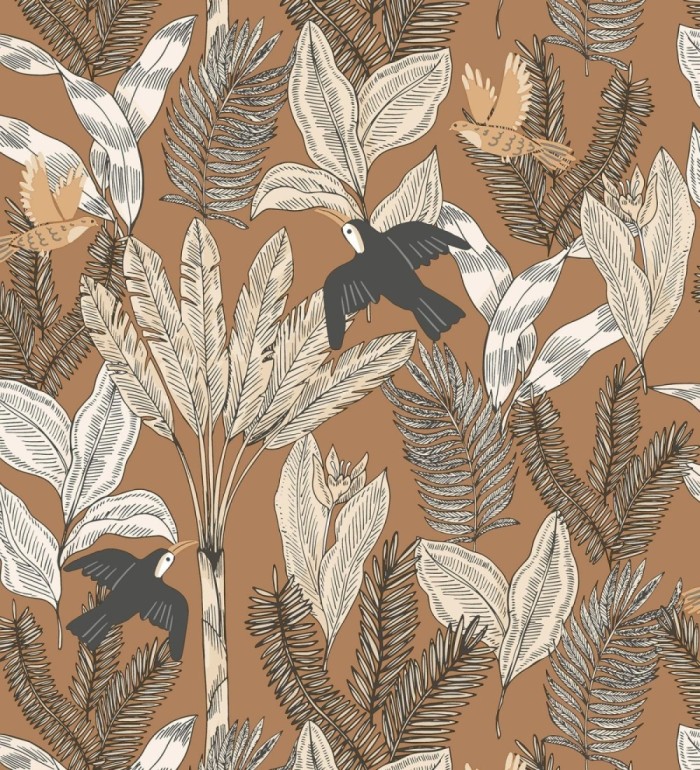 Papel pintado de aves y hojas fondo marrón - Moana Tropical 128494