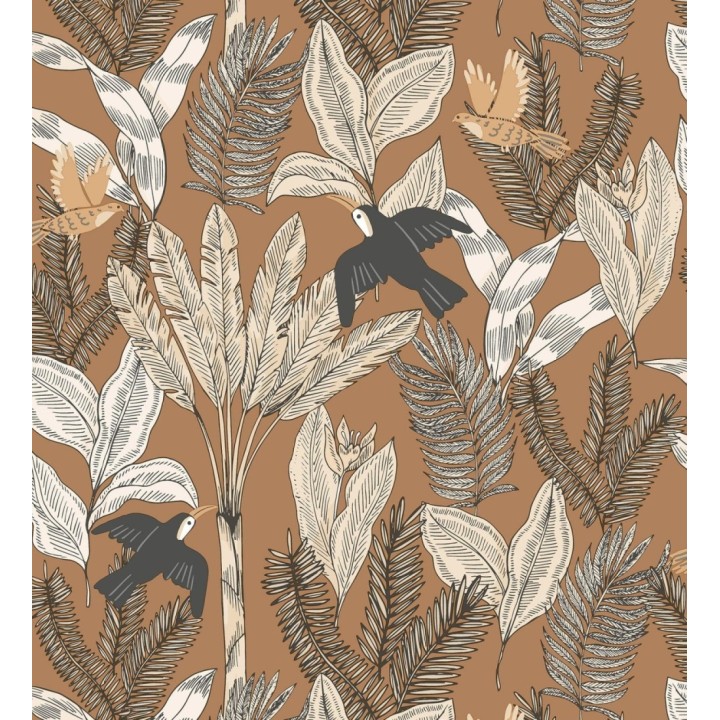 Papel pintado de aves y hojas fondo marrón - Moana Tropical 128494