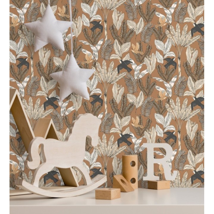 Papel pintado de aves y hojas fondo marrón - Moana Tropical 128494