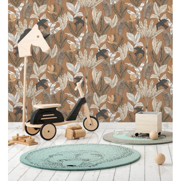 Papel pintado de aves y hojas fondo marrón - Moana Tropical 128494
