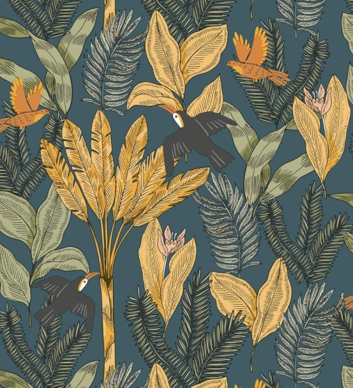 Papel pintado de pájaros aves tucanes y hojas tropicales - Moana Tropical 128495