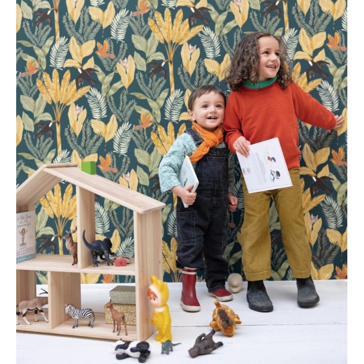 Papel pintado de pájaros aves tucanes y hojas tropicales - Moana Tropical 128495