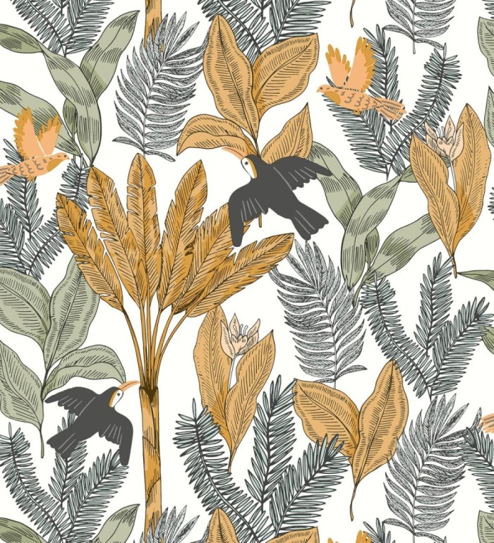 Papel pintado de pájaros aves tucanes y hojas tropicales - Moana Tropical 128496
