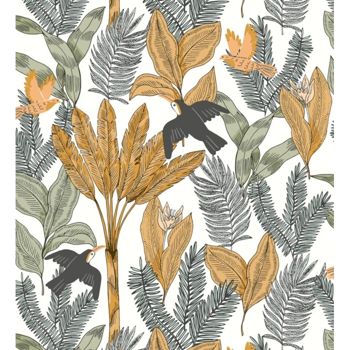 Papel pintado de pájaros aves tucanes y hojas tropicales - Moana Tropical 128496