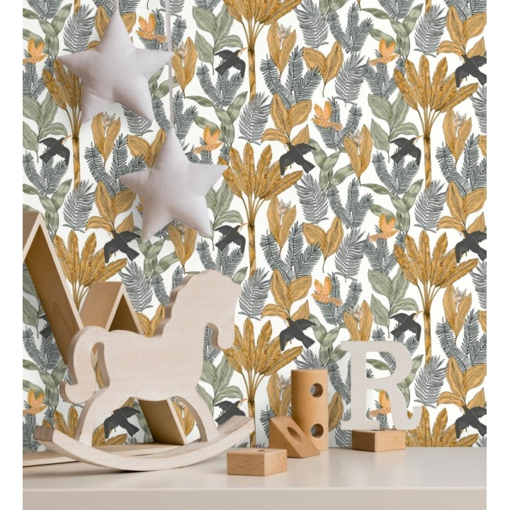 Papel pintado de pájaros aves tucanes y hojas tropicales - Moana Tropical 128496