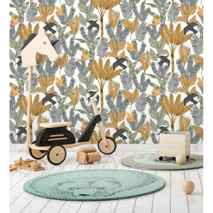 Papel pintado de pájaros aves tucanes y hojas tropicales - Moana Tropical 128496