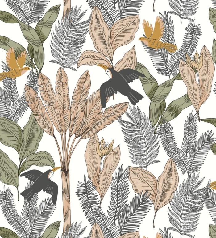 Papel pintado de pájaros aves tucanes y hojas tropicales - Moana Tropical 128497