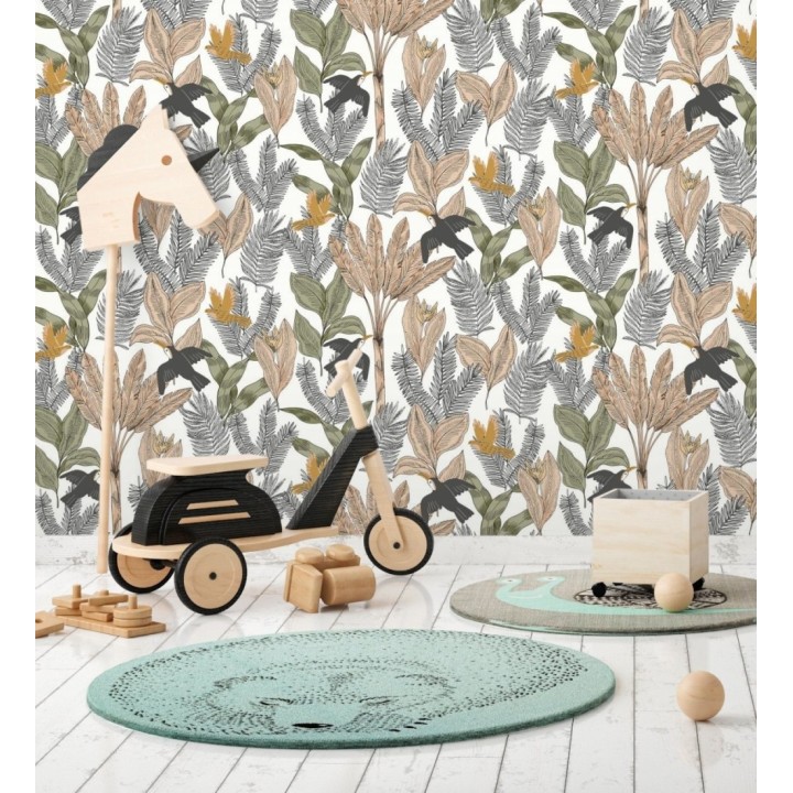 Papel pintado de pájaros aves tucanes y hojas tropicales - Moana Tropical 128497