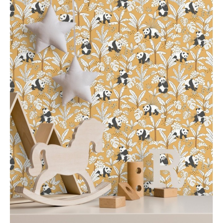 Papel pintado infantil de osos panda fondo naranja - Sichuan Panda 128499