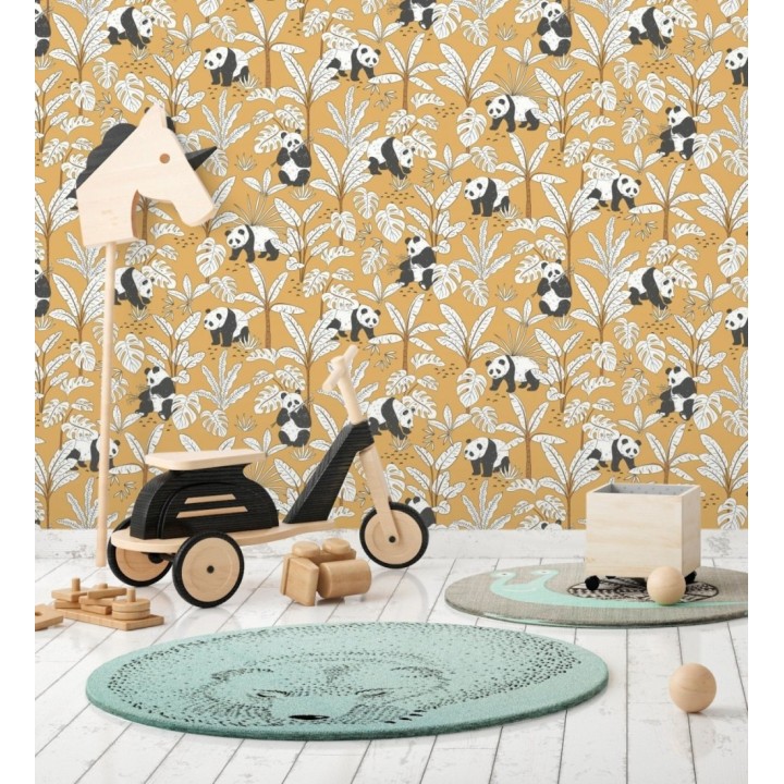 Papel pintado infantil de osos panda fondo naranja - Sichuan Panda 128499