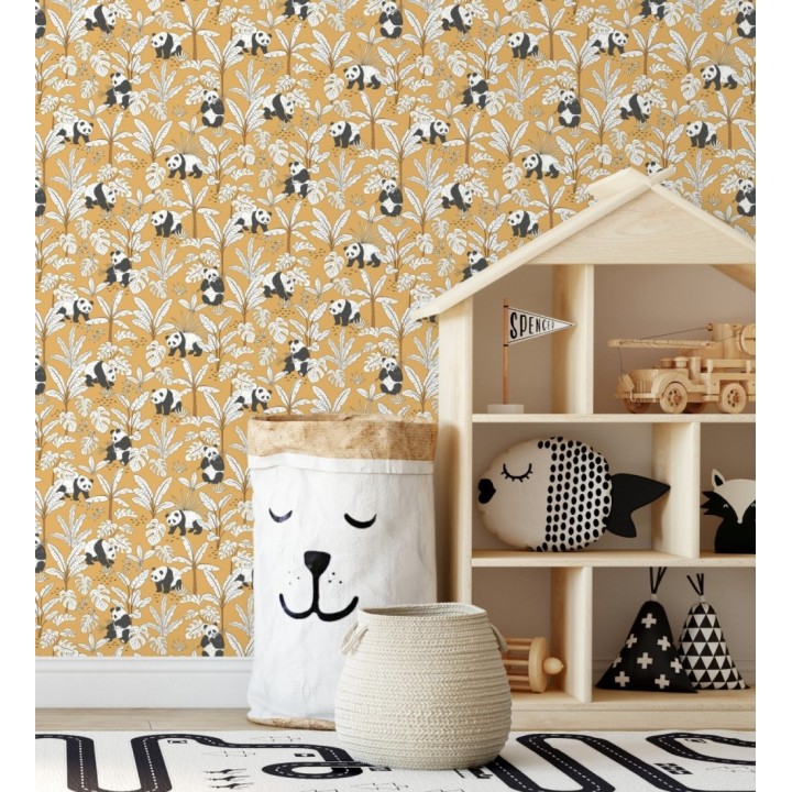 Papel pintado infantil de osos panda fondo naranja - Sichuan Panda 128499