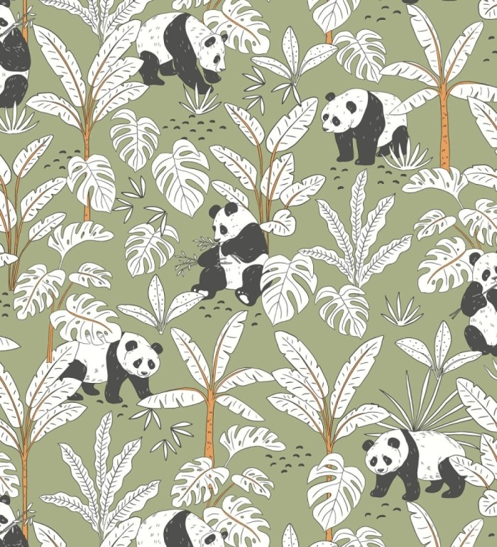 Papel pintado infantil de osos panda fondo verde - Sichuan Panda 128500