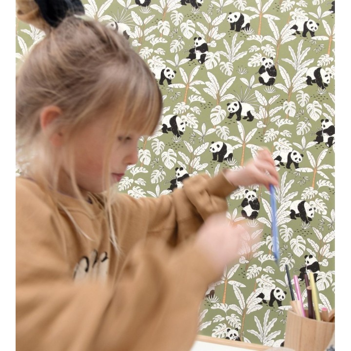 Papel pintado infantil de osos panda fondo verde - Sichuan Panda 128500