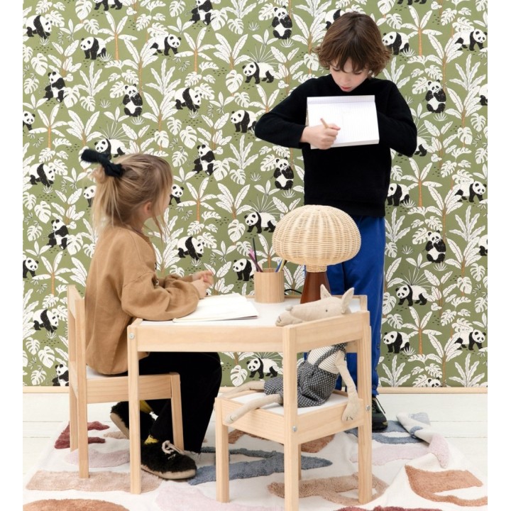 Papel pintado infantil de osos panda fondo verde - Sichuan Panda 128500
