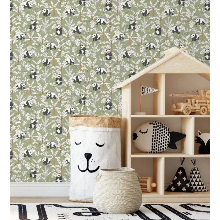 Papel pintado infantil de osos panda fondo verde - Sichuan Panda 128500